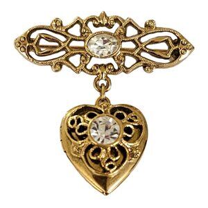 1928 Brand Gold Tone Heart Locket Bar Brooch Pin L262